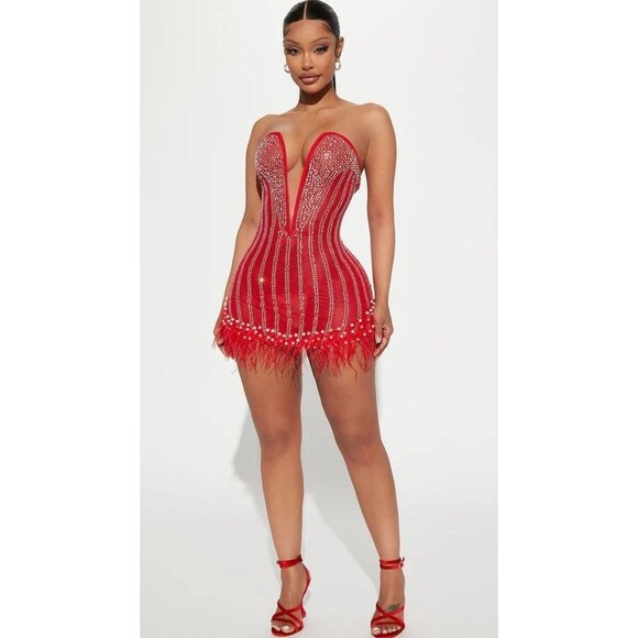 Fashion Nova Dresses & Skirts - Fashion Nova NWT Glammed Up Embellished Red Mini Dress Misses Size Large